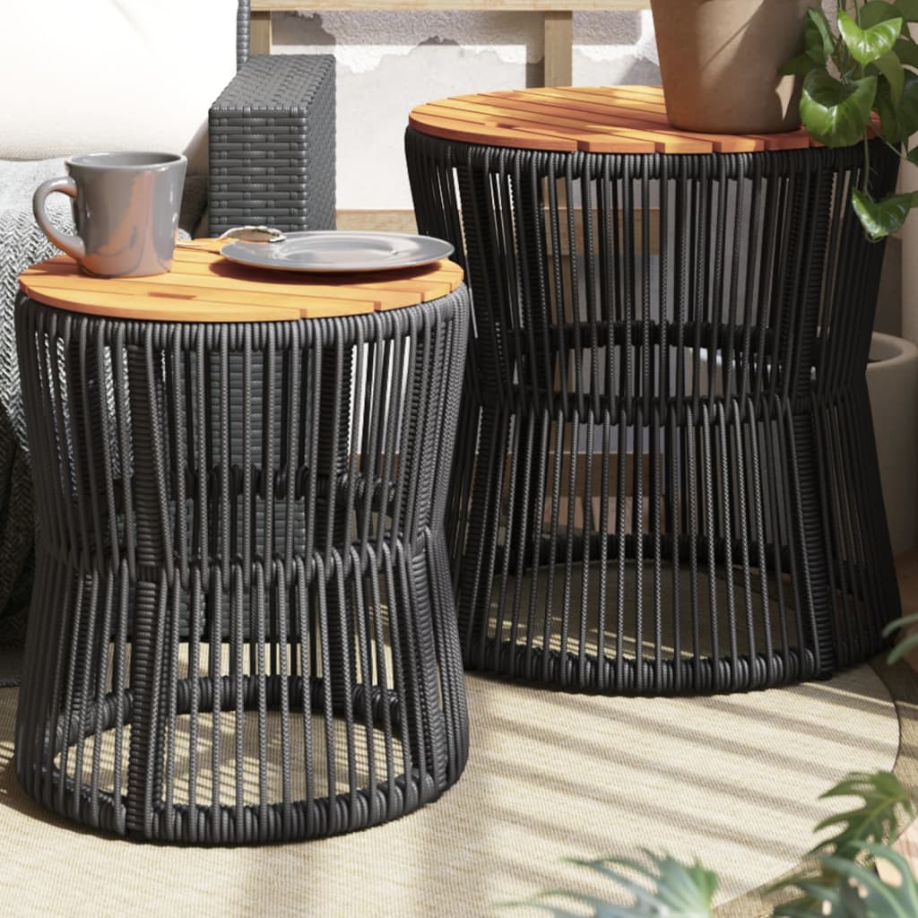 Patio Side Tables 2 Pcs With Wooden Top Poly Rattan