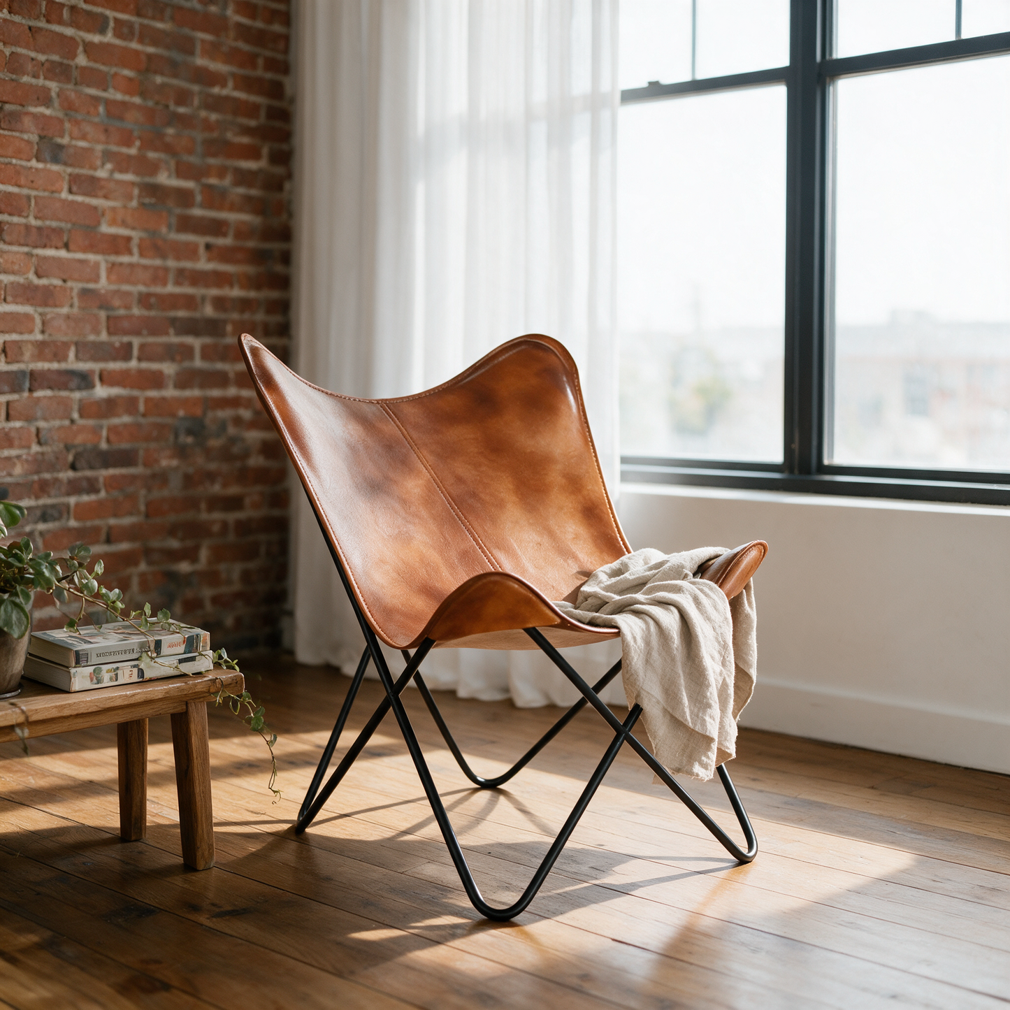 Real leather butterfly chair styled in a sunlit loft apartment corner with exposed brick