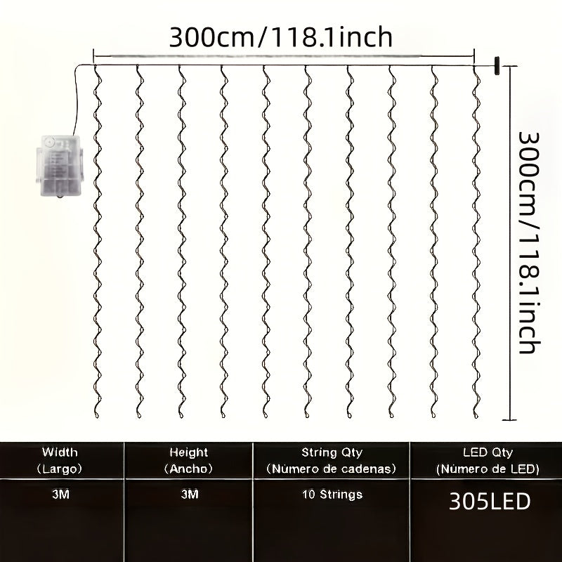 LED Waterfall Curtain Fairy Lights, 305 LEDs, 8 Modes, 10×10ft