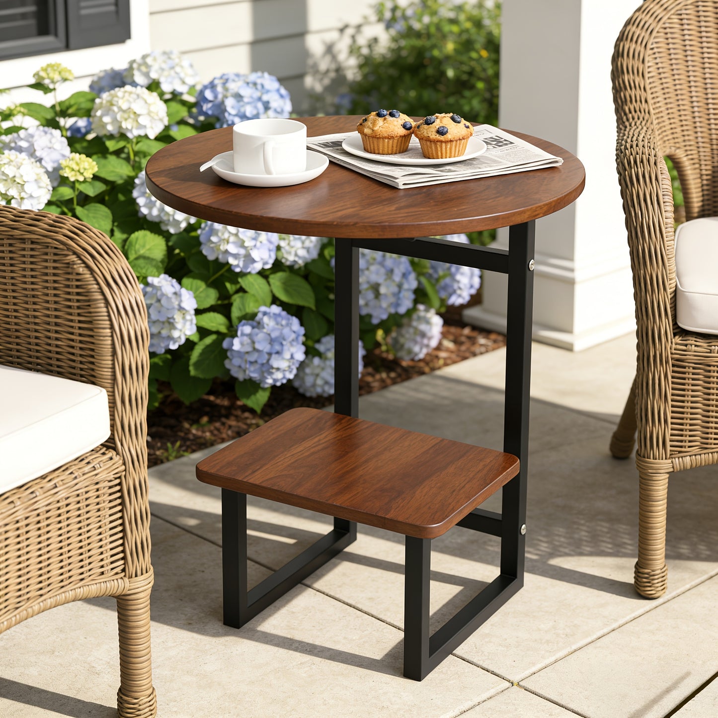 Marble-Look Round Outdoor Side Table, Double Shelf, Metal Frame