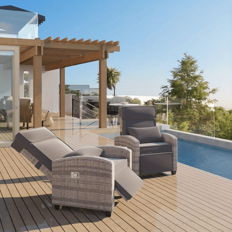 Rattan Patio Recliner, 150° Lay-Flat, Adjustable Footrest, Flip Table