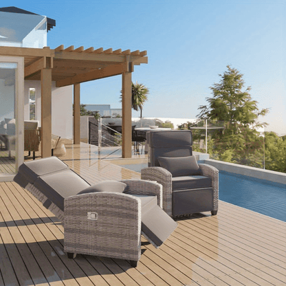 Rattan Patio Recliner, 150° Lay-Flat, Adjustable Footrest, Flip Table