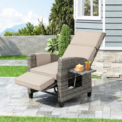 All-Weather Wicker Patio Recliner, Lay-Flat, Footrest & Side Table