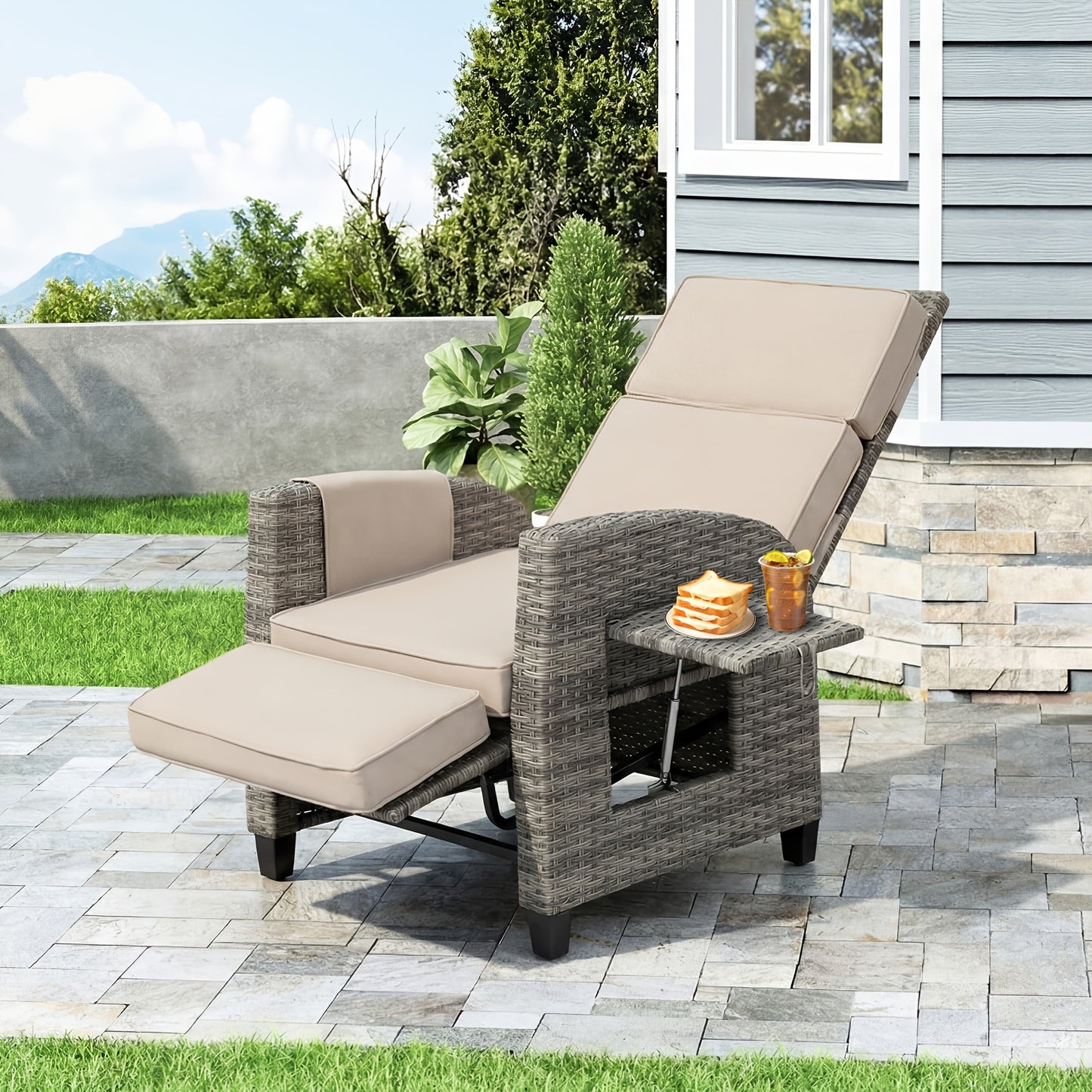 All-Weather Wicker Patio Recliner, Lay-Flat, Footrest & Side Table