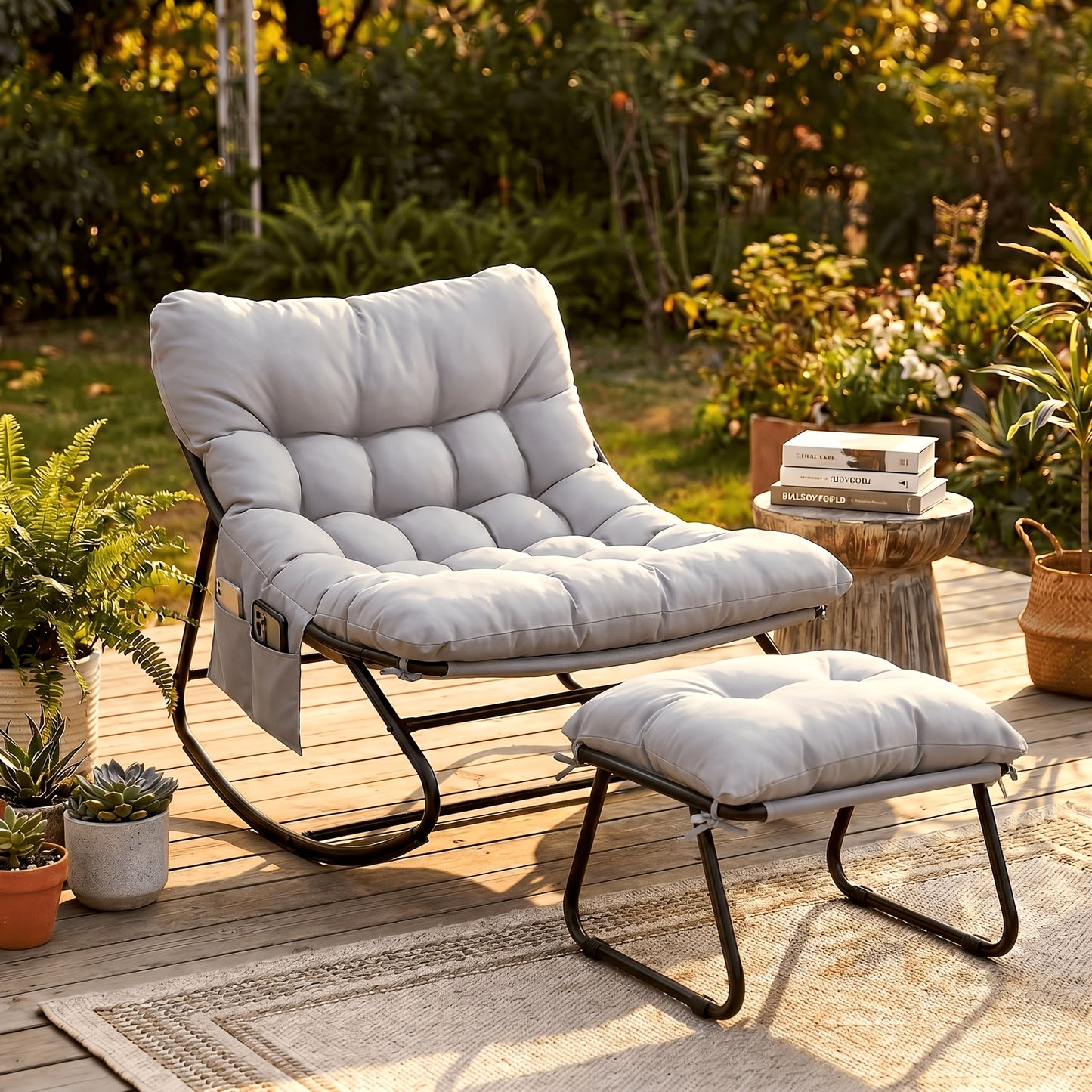 Papasan Rocking Chair with Ottoman, Metal Frame, Cushioned