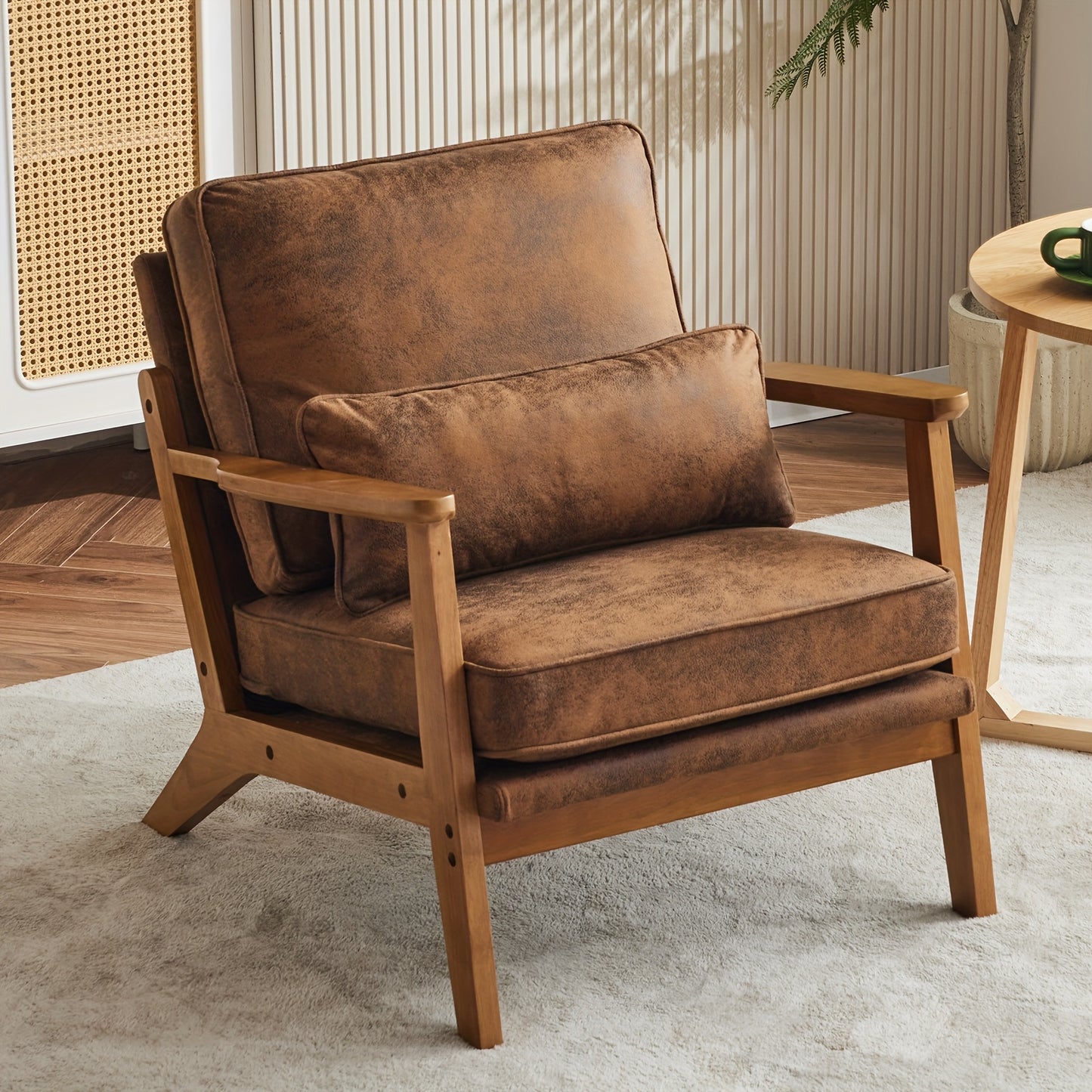 Mid-Century Accent Chair, Wide Armrests, Upholstered, with Pillow