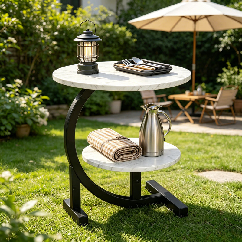 C-Shaped Patio Side Table, 2-Tier, Faux Marble, Metal Frame