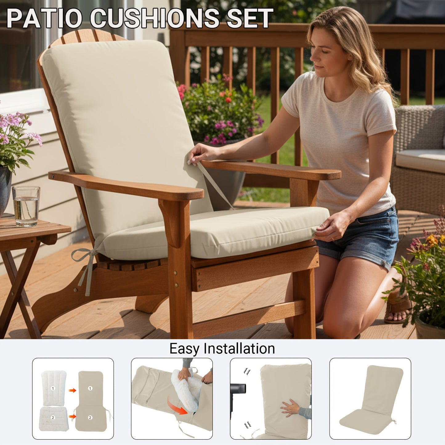 Adirondack Chair Cushion with Ties, Weatherproof, 2" Thick, Cream