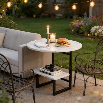 Marble-Look Round Outdoor Side Table, Double Shelf, Metal Frame