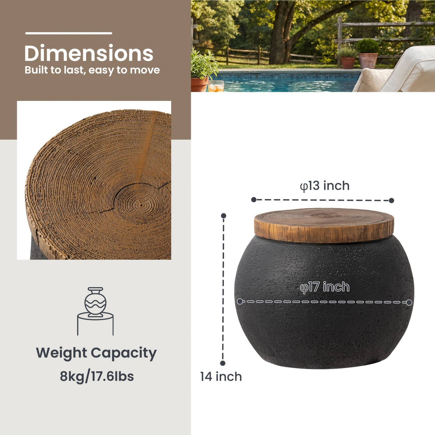 Concrete-Look Garden Side Table, 17", Wooden Top, Indoor/Outdoor