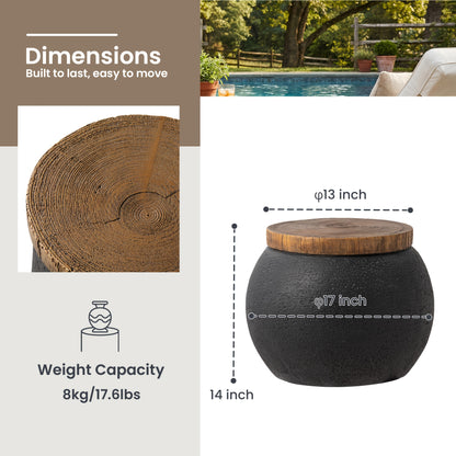 Concrete-Look Garden Side Table, 17", Wooden Top, Indoor/Outdoor