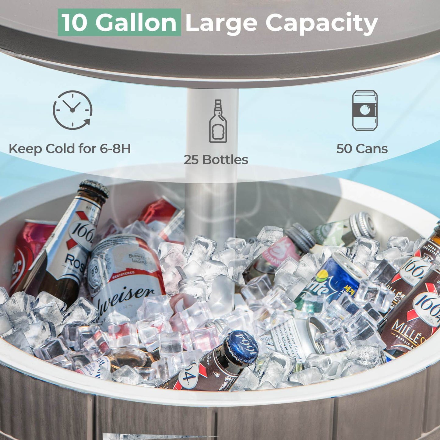 3-in-1 Metal Cooler Bar Table, 10 Gallon, Telescopic Top, Rust-Resistant