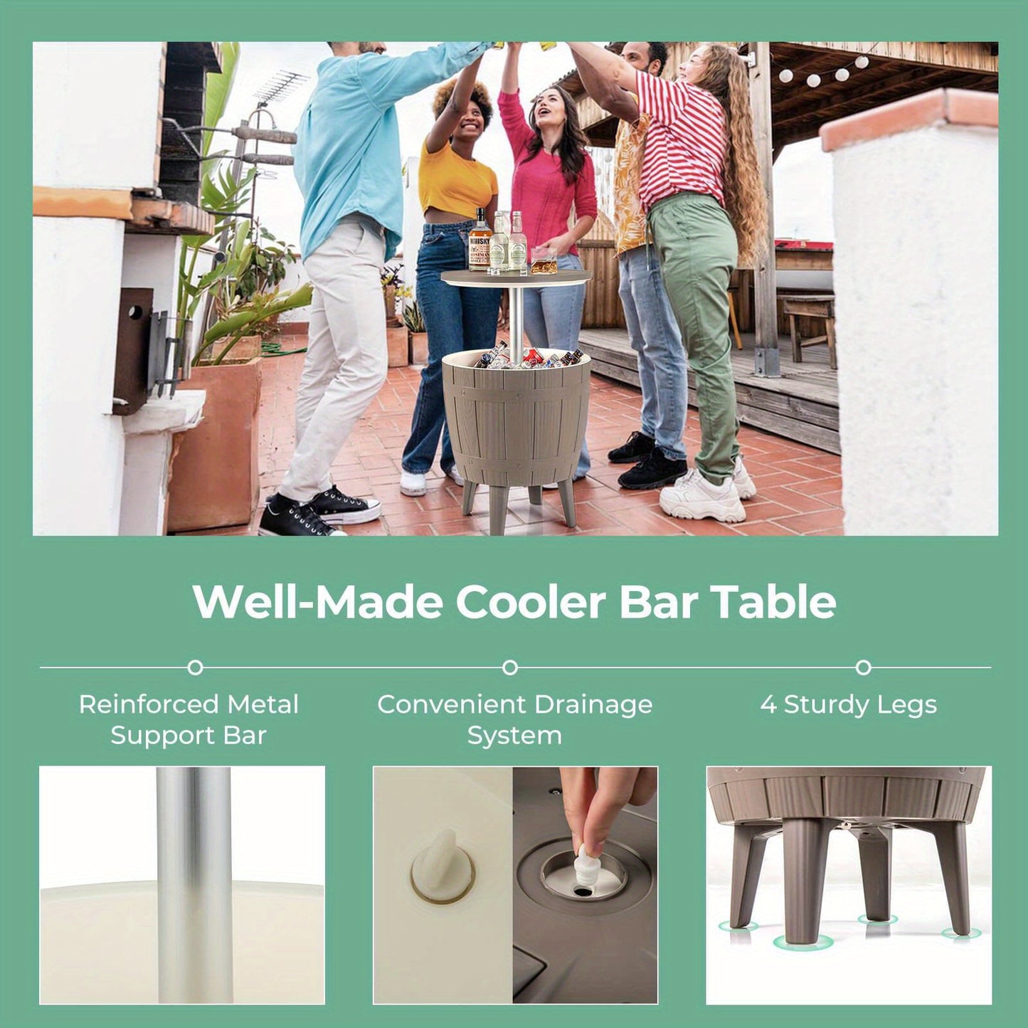 3-in-1 Metal Cooler Bar Table, 10 Gallon, Telescopic Top, Rust-Resistant