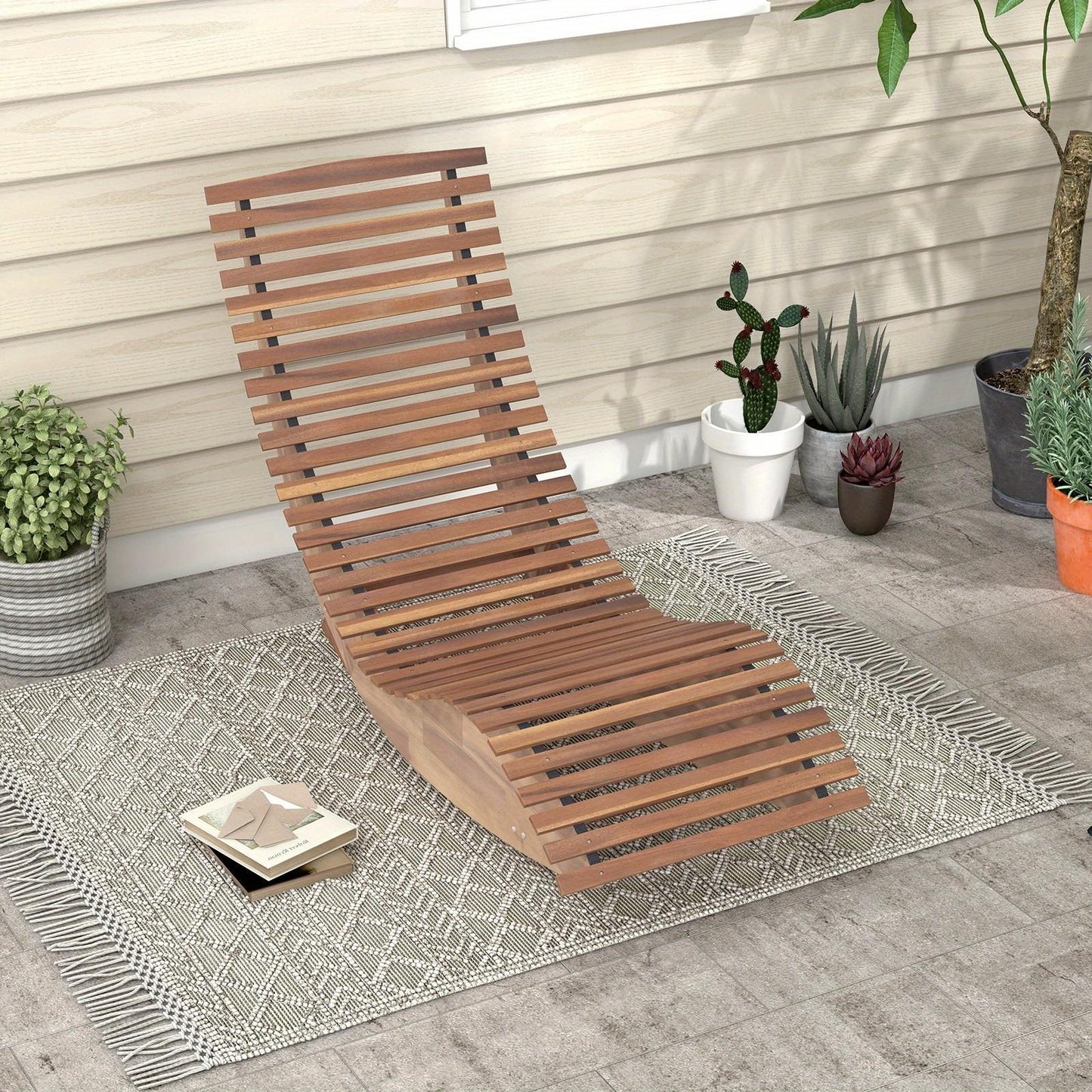 Acacia Wood Porch Rocking Chair, High Back, Slatted, Natural