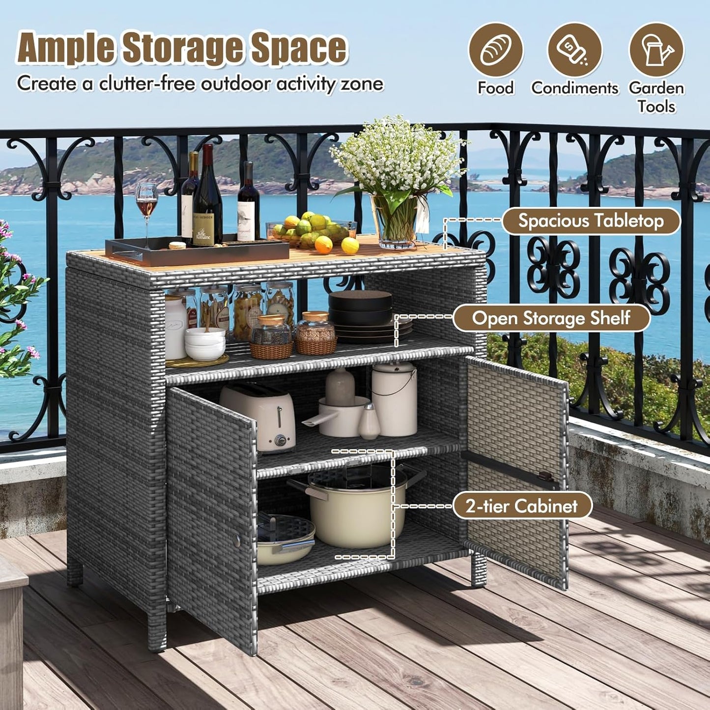 Rattan Outdoor Storage Cabinet, Acacia Countertop, 2-Door