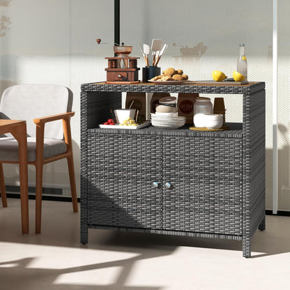 Rattan Outdoor Storage Cabinet, Acacia Countertop, 2-Door