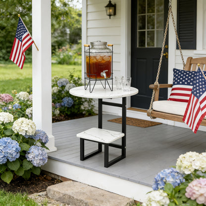 Marble-Look Round Outdoor Side Table, Double Shelf, Metal Frame
