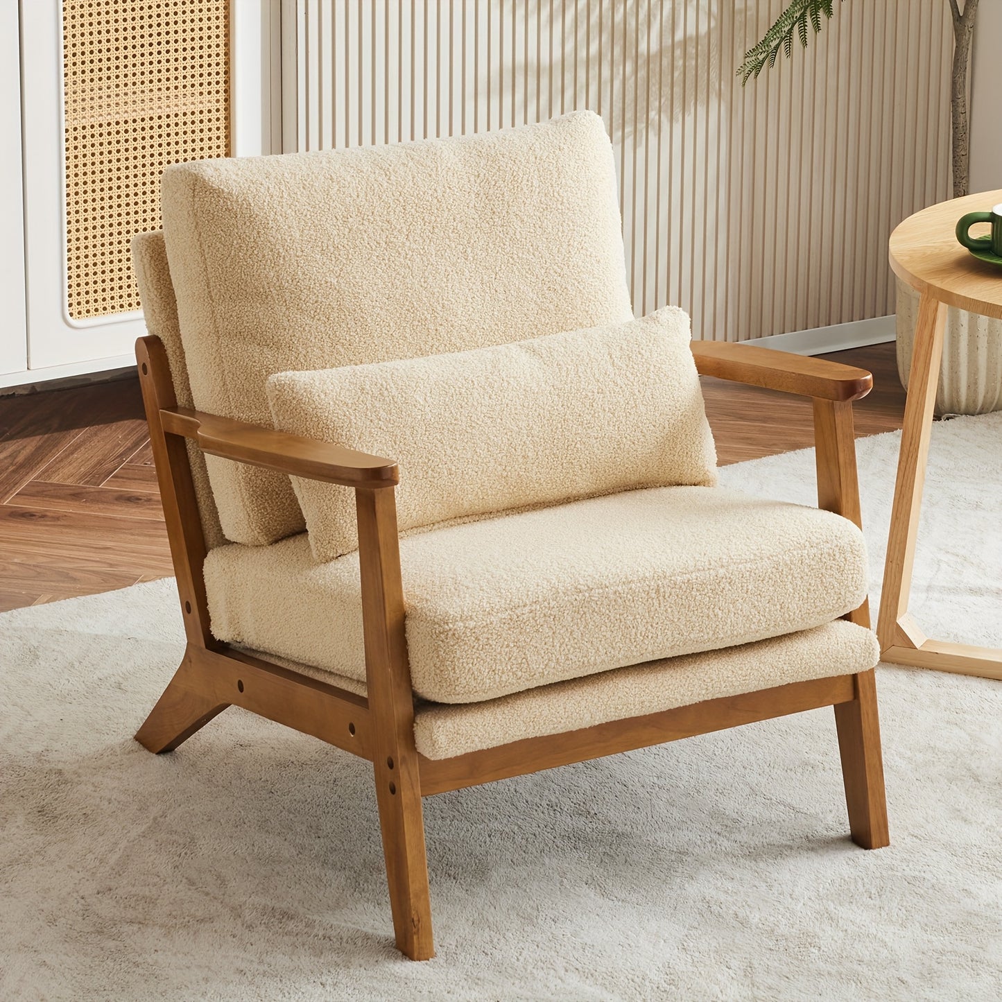 Mid-Century Accent Chair, Wide Armrests, Upholstered, with Pillow