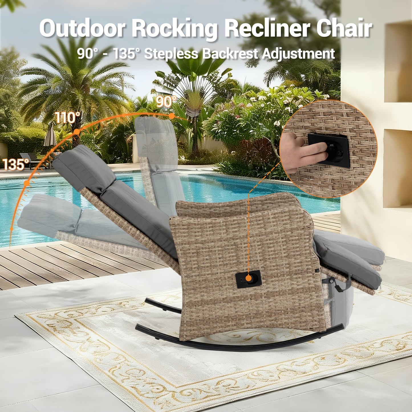 Rattan Recliner Chair Set of 2, 90–135° Adjustable, Rocking Footrest
