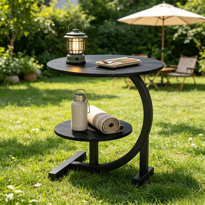 C-Shaped Patio Side Table, 2-Tier, Faux Marble, Metal Frame