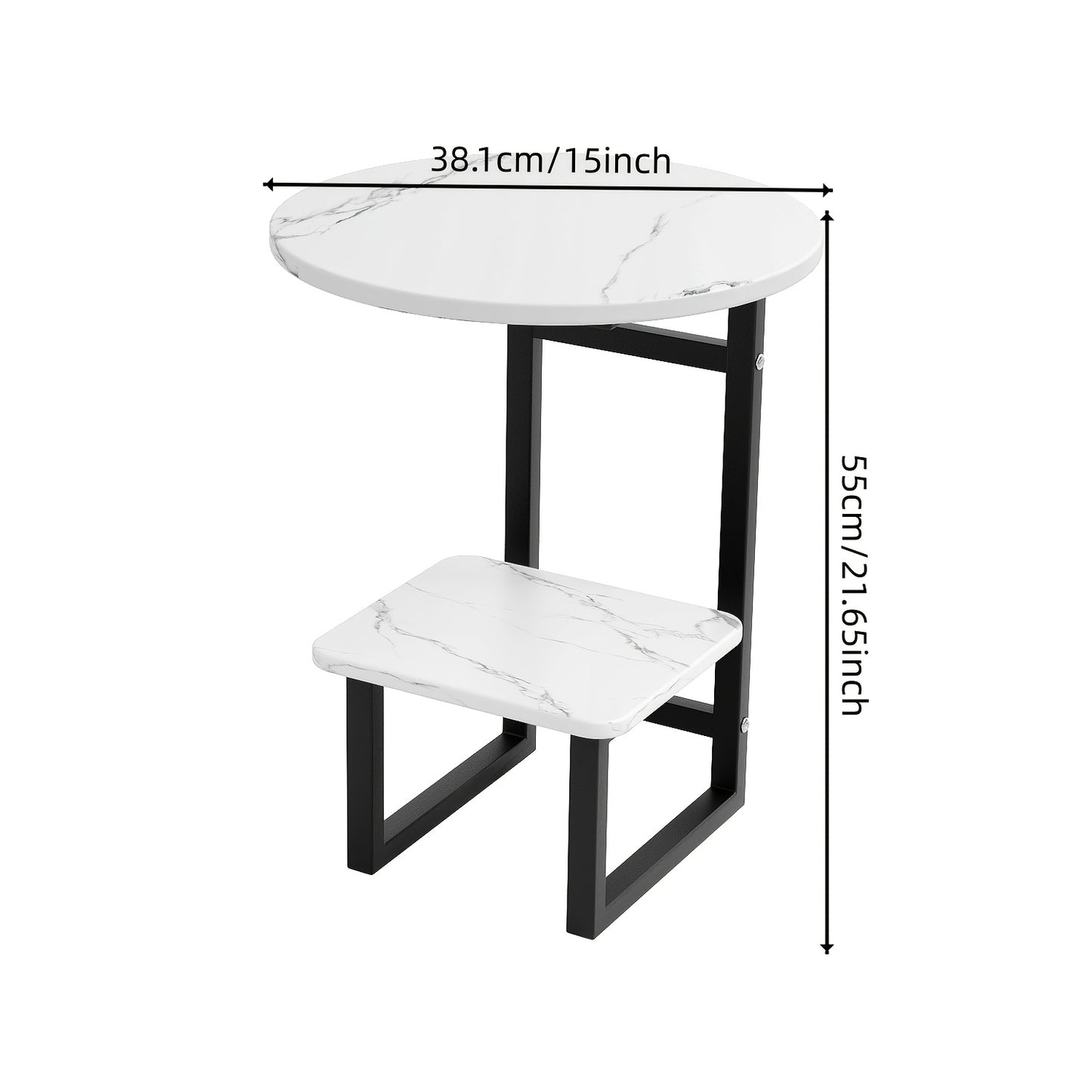 Marble-Look Round Outdoor Side Table, Double Shelf, Metal Frame
