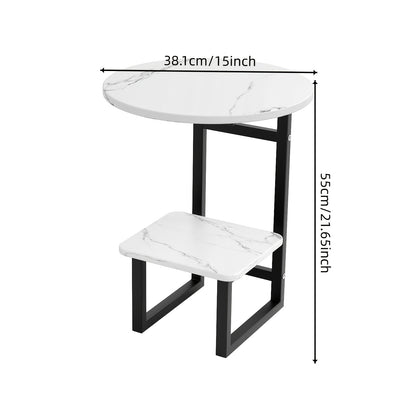 Marble-Look Round Outdoor Side Table, Double Shelf, Metal Frame