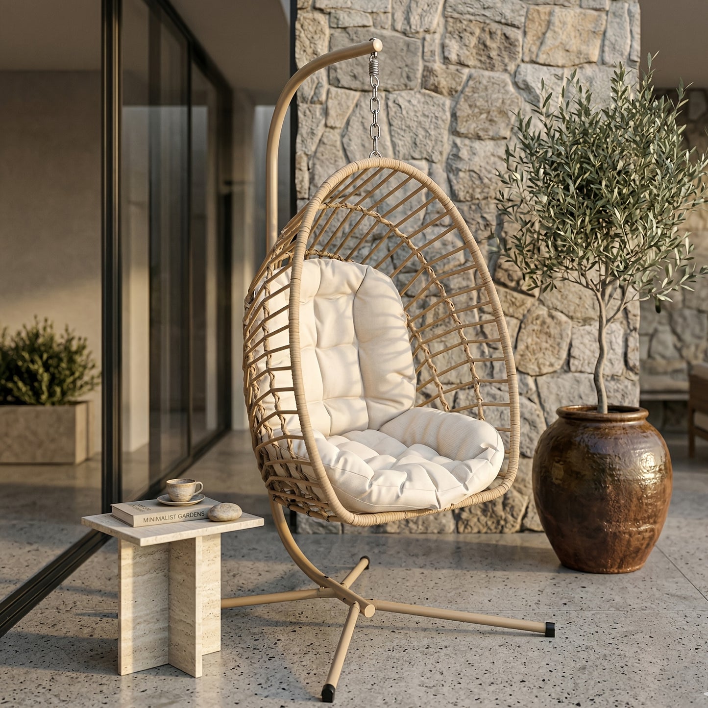 Hanging Rattan Egg Chair with Stand, Foldable, 350 lbs, Outdoor