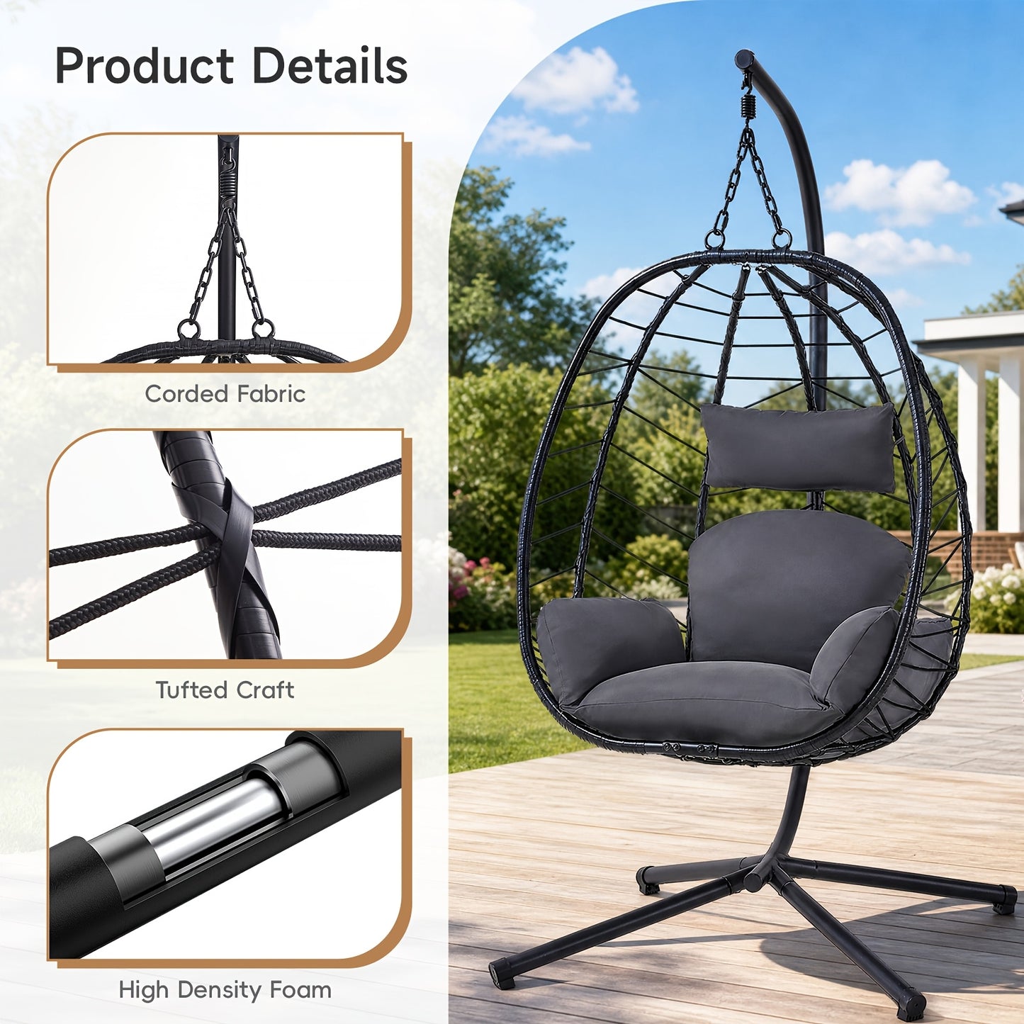 Rattan Wicker Egg Swing Chair with Stand, 350 lbs, Indoor/Outdoor