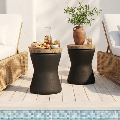 Concrete-Look Garden Side Table, 17", Wooden Top, Indoor/Outdoor
