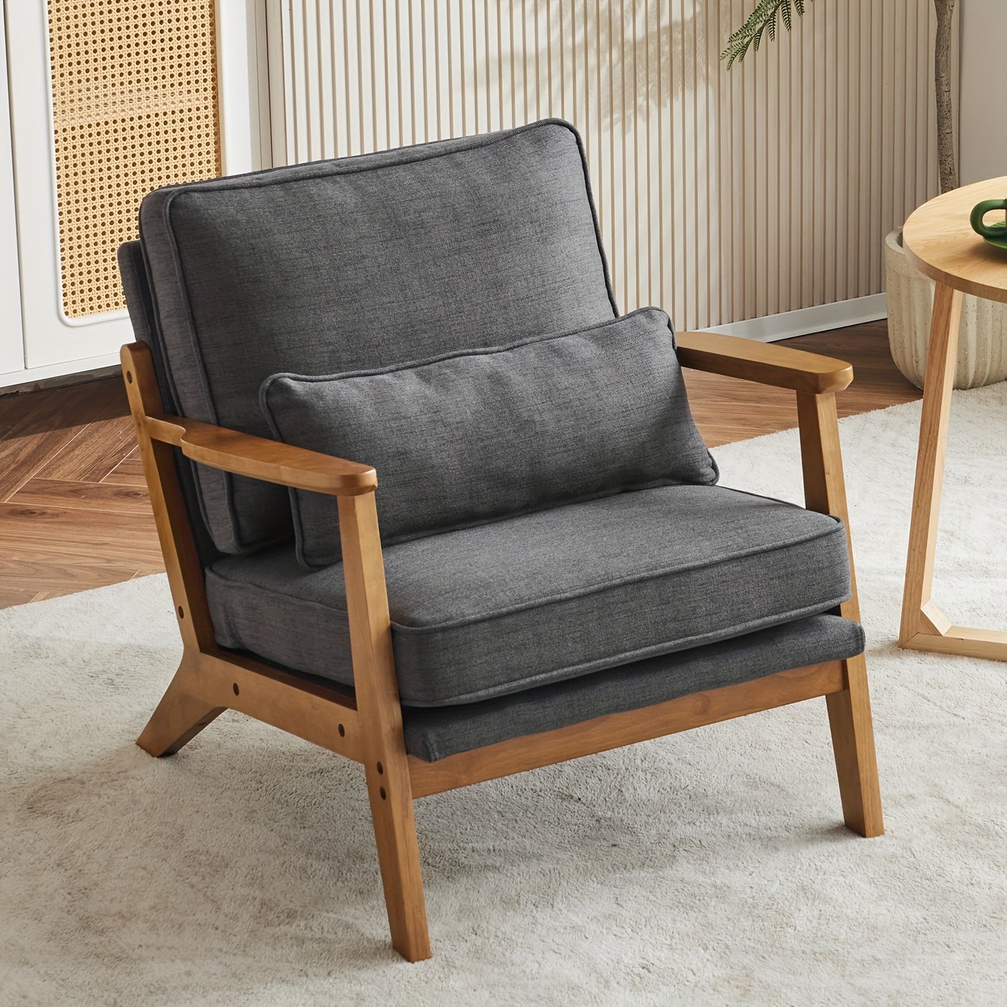 Mid-Century Accent Chair, Wide Armrests, Upholstered, with Pillow