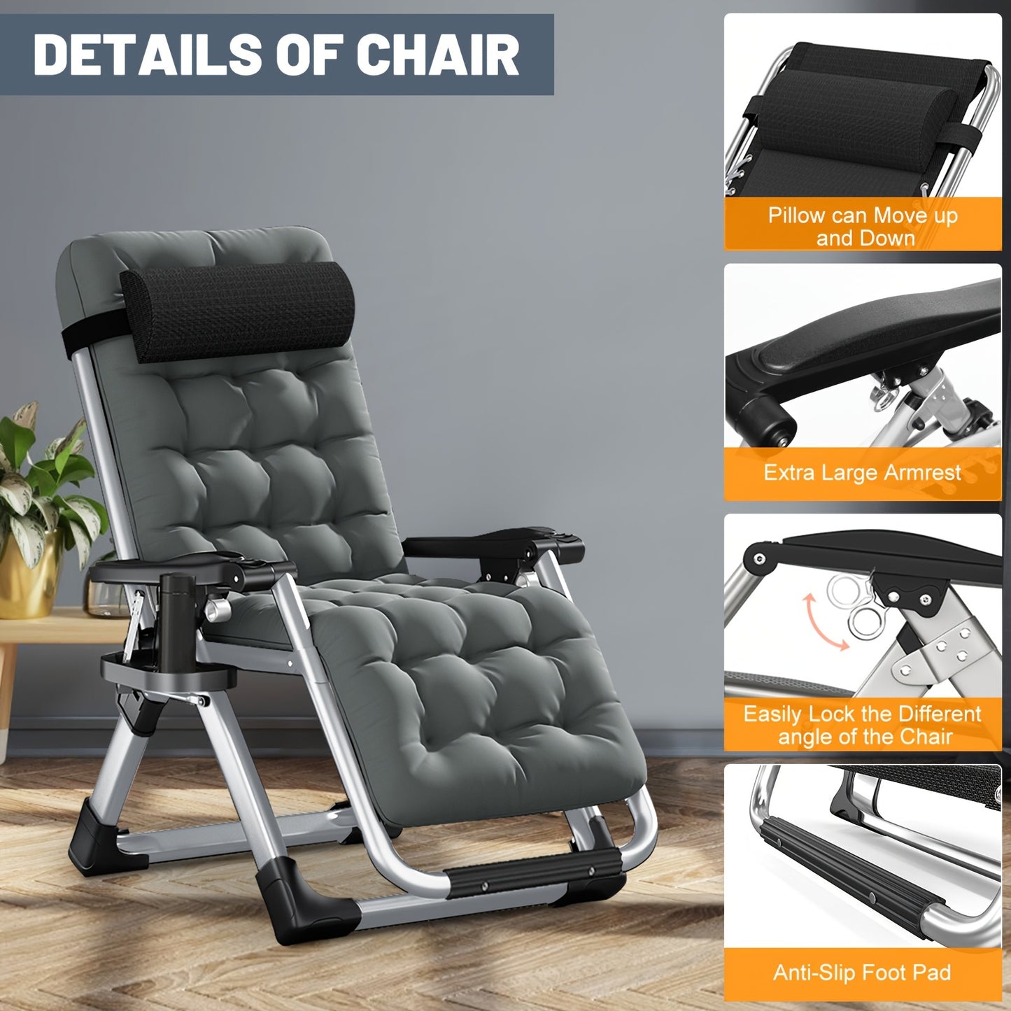 Zero Gravity Reclining Patio Chair, Folding, Cup Holder, Cushioned