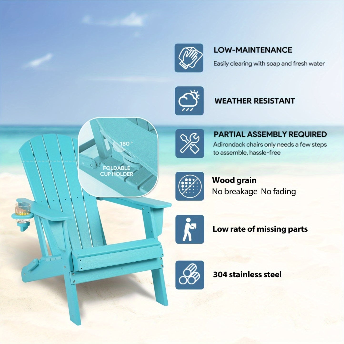 Folding Adirondack Chair, HDPE, All-Weather, Built-In Cup Holder