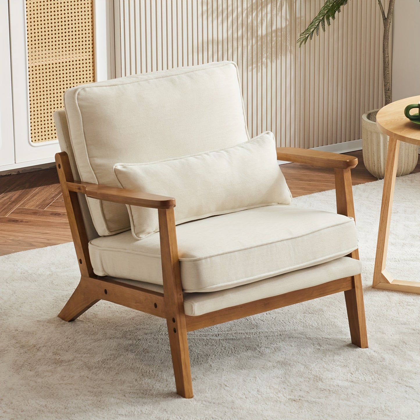 Mid-Century Accent Chair, Wide Armrests, Upholstered, with Pillow