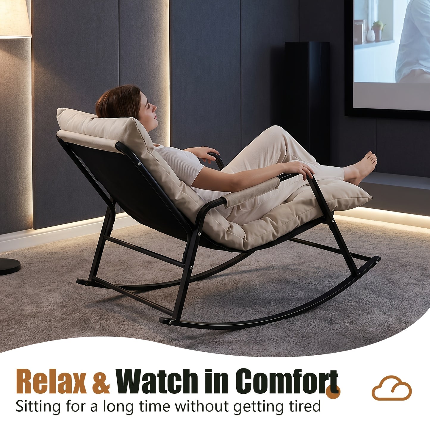 Oversized Metal Rocking Lounge Chair, High Back, Thick Cushion