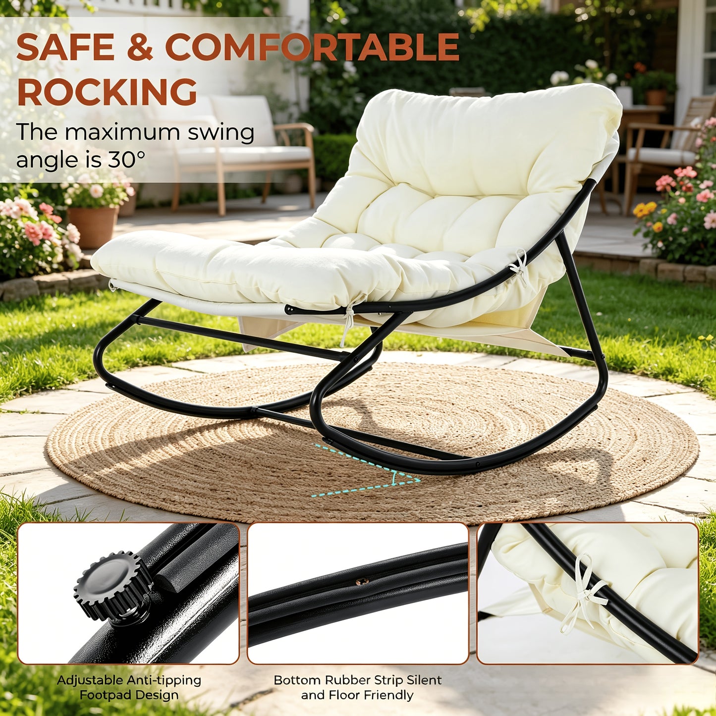 Papasan Rocking Chair with Ottoman, Metal Frame, Cushioned