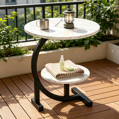 C-Shaped Patio Side Table, 2-Tier, Faux Marble, Metal Frame