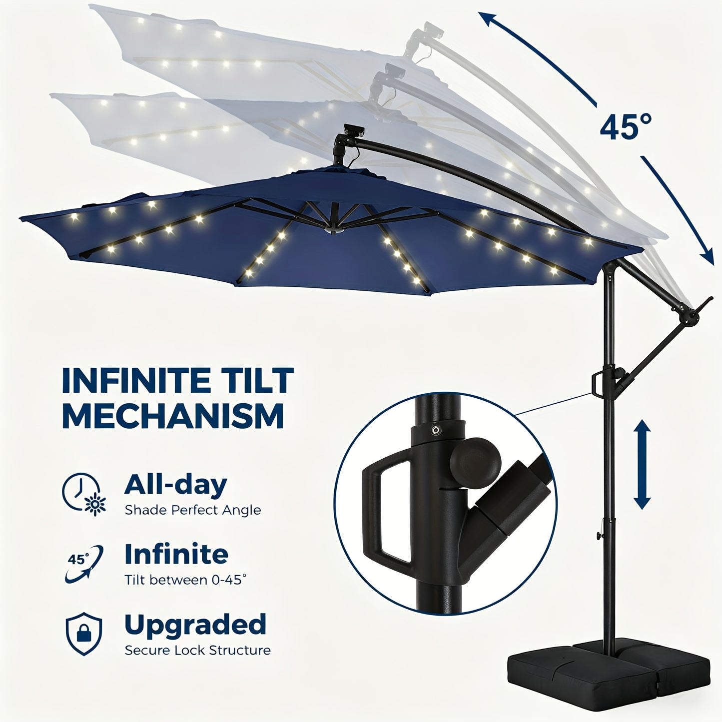 Solar LED Cantilever Patio Umbrella, 10ft, UPF50+, with Base