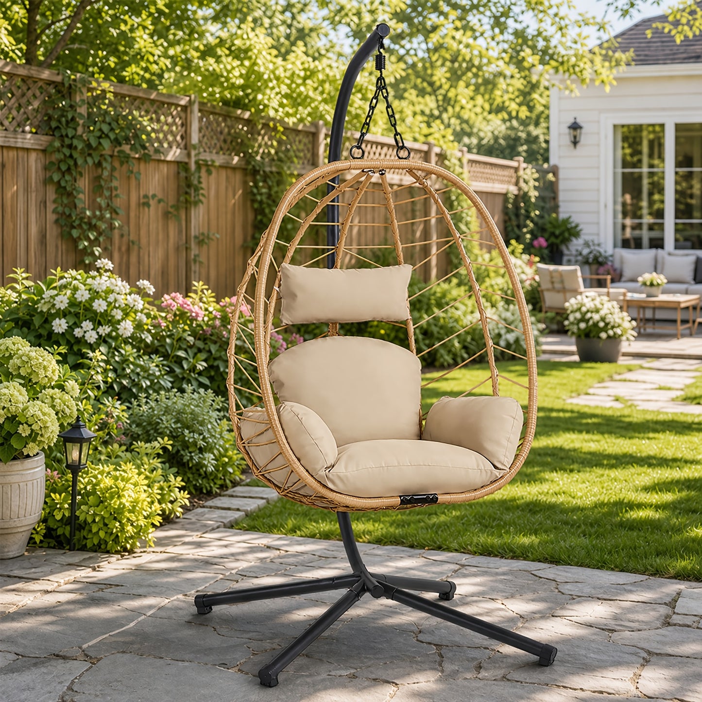 Rattan Wicker Egg Swing Chair with Stand, 350 lbs, Indoor/Outdoor