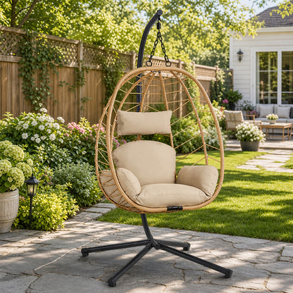Rattan Wicker Egg Swing Chair with Stand, 350 lbs, Indoor/Outdoor