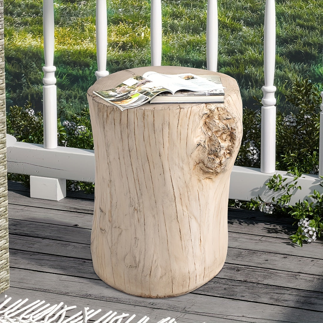 Tree Stump Garden Side Table, 15", Faux Slate, Weather-Resistant