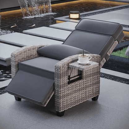 Rattan Patio Recliner, 150° Lay-Flat, Adjustable Footrest, Flip Table