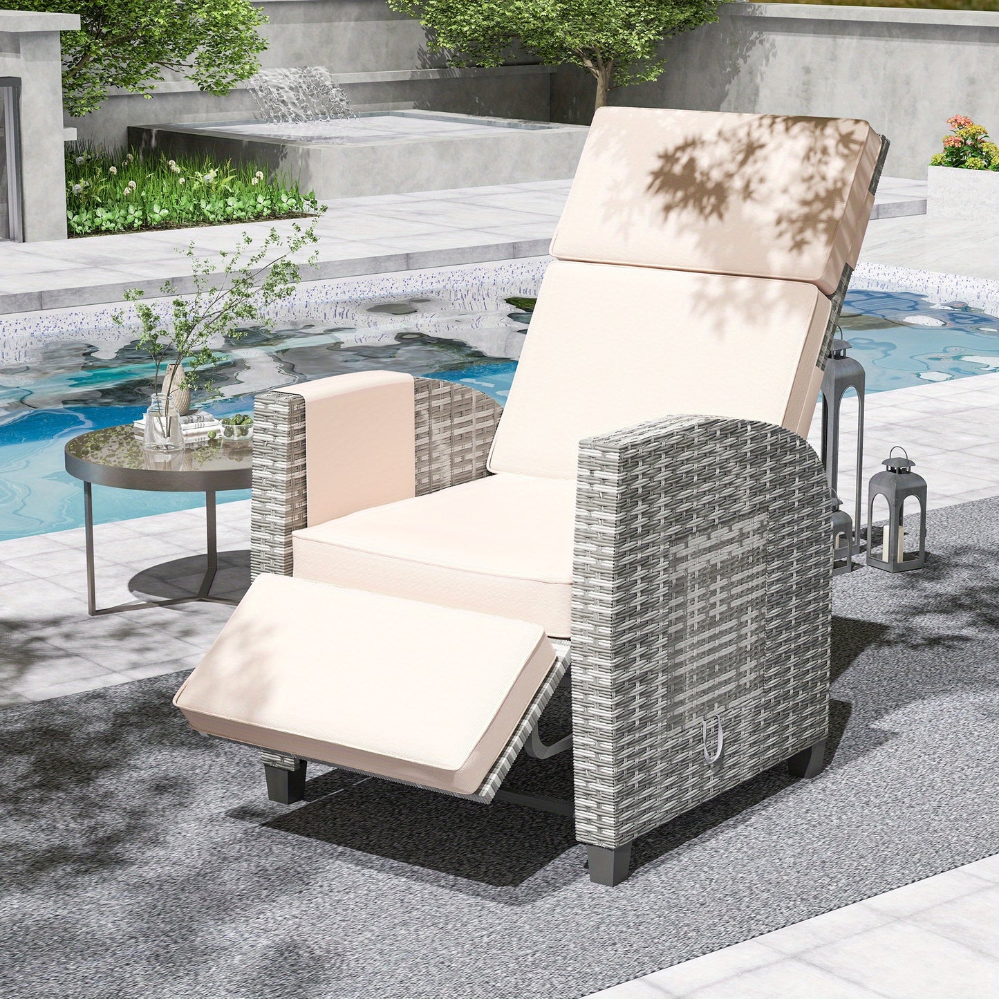 Wicker Outdoor Recliner, Lay-Flat, Flip Table, Push-Back Design