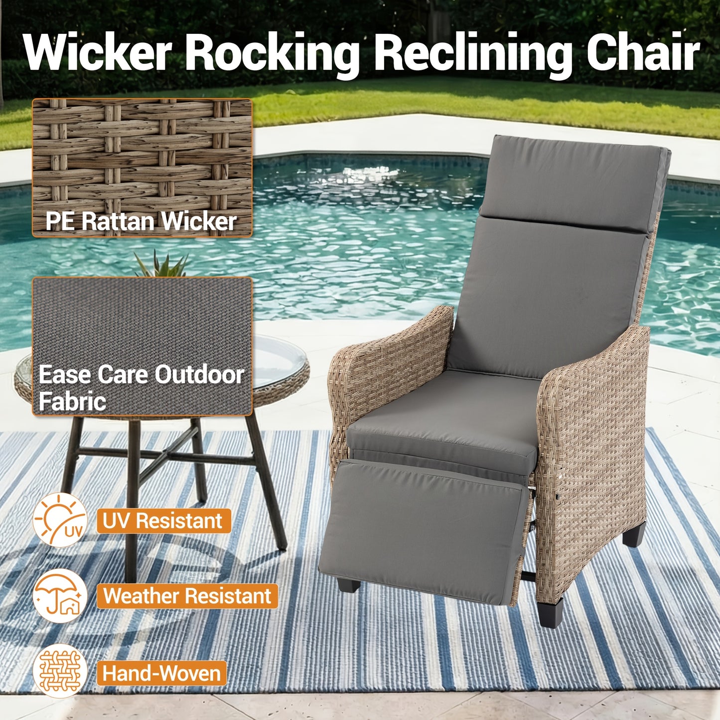 Rattan Recliner Chair Set of 2, 90–135° Adjustable, Rocking Footrest
