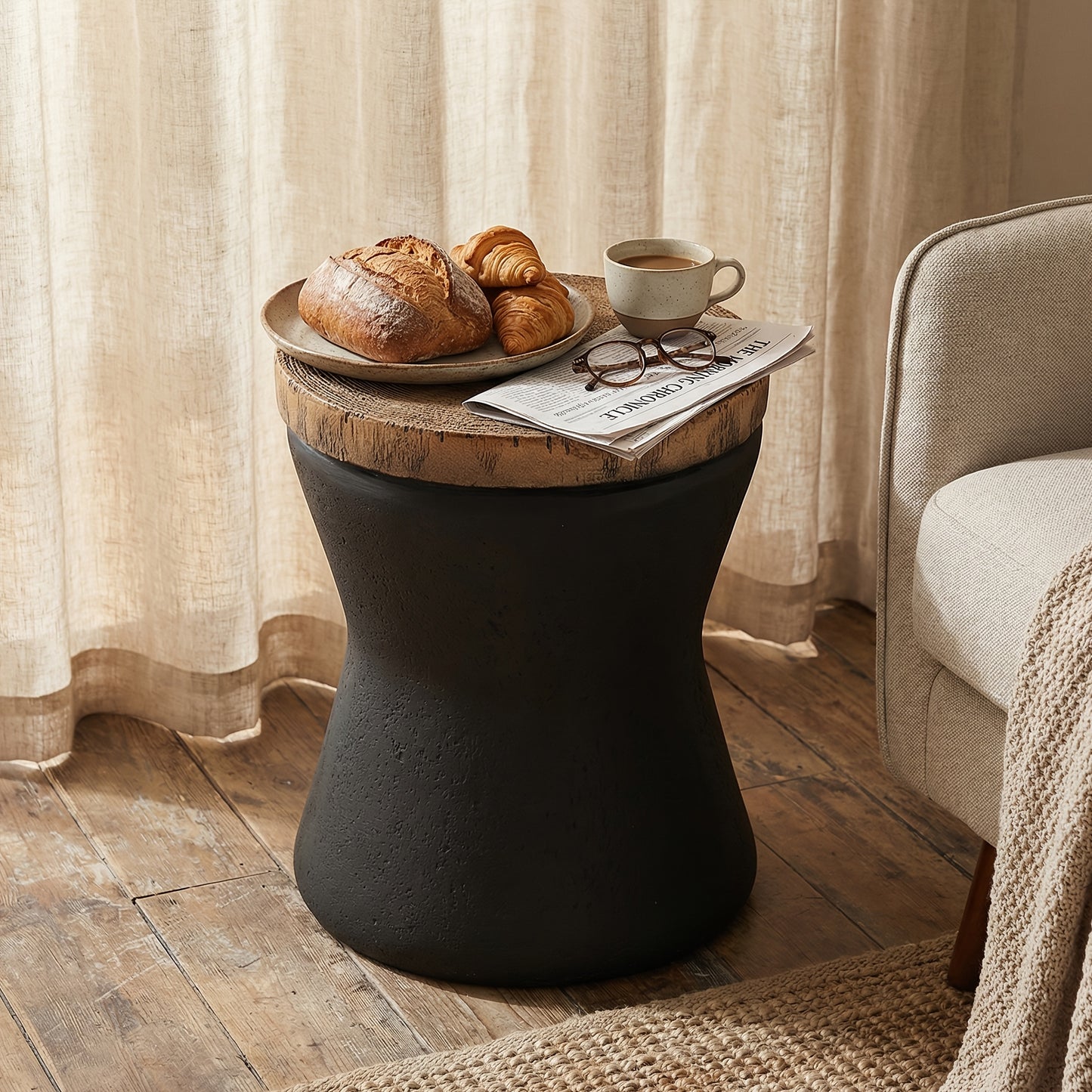 Concrete-Look Garden Side Table, 17", Wooden Top, Indoor/Outdoor