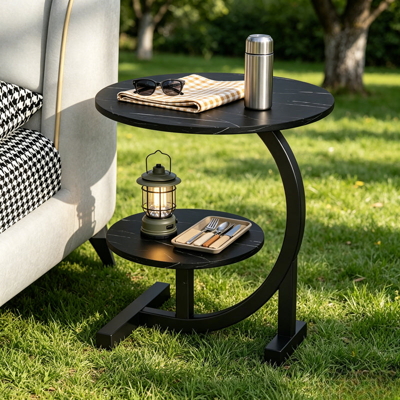 C-Shaped Patio Side Table, 2-Tier, Faux Marble, Metal Frame