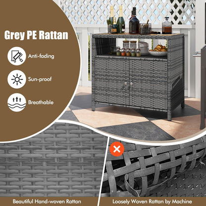 Rattan Outdoor Storage Cabinet, Acacia Countertop, 2-Door