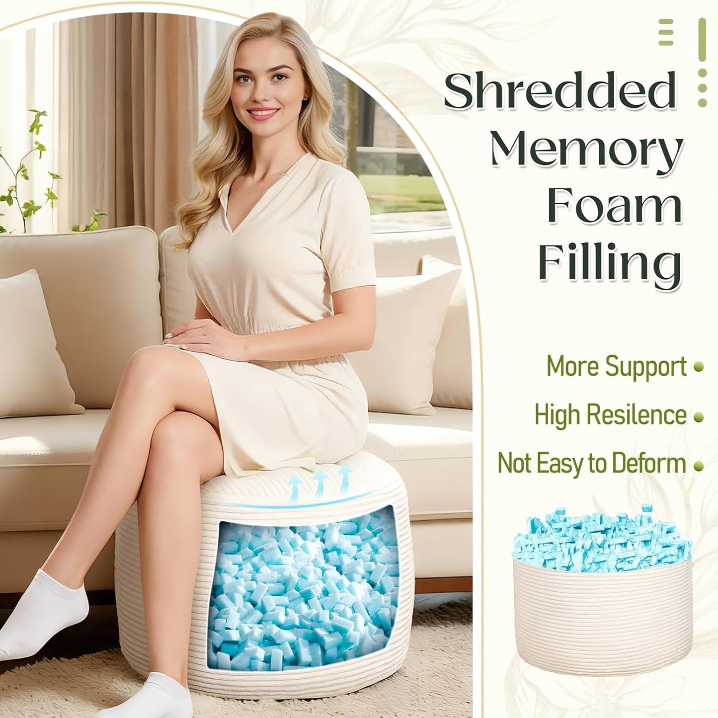 Round Corduroy Ottoman Foot Rest Pouf for Living Room Couch - Soft Plush Shredded Foam Filled Hassock Stool, Comfy Footstool