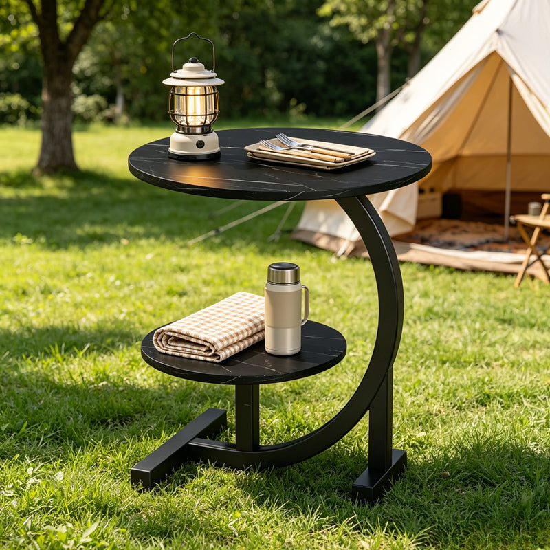 C-Shaped Patio Side Table, 2-Tier, Faux Marble, Metal Frame