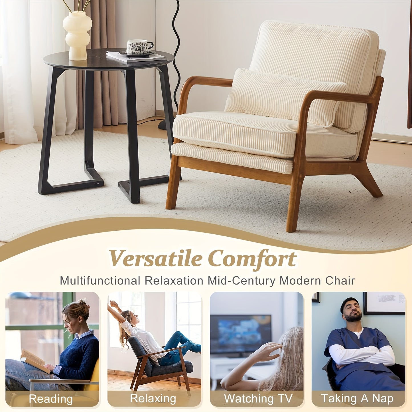 Mid-Century Accent Chair, Wide Armrests, Upholstered, with Pillow
