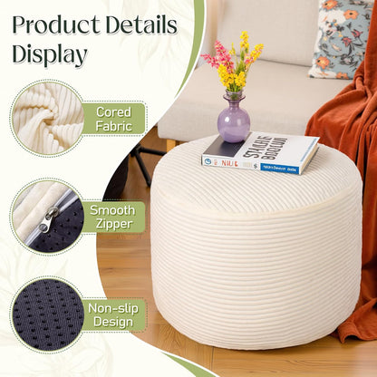 Round Corduroy Ottoman Foot Rest Pouf for Living Room Couch - Soft Plush Shredded Foam Filled Hassock Stool, Comfy Footstool